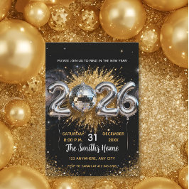 Chic 2026 New Year' Eve Party Gold Glitter Black Einladung