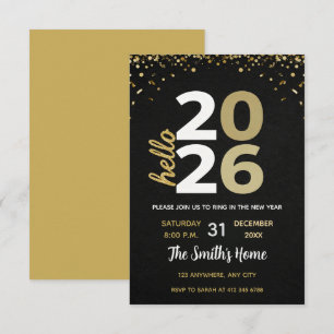 Chic 2026 Silvesterparty Gold Glitter Schwarz Einladung