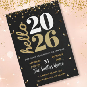 Chic 2026 Silvesterparty Gold Glitter Schwarz Einladung