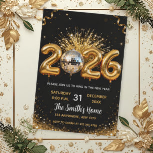 Chic 2026 Silvesterparty Gold Glitter Schwarz Einladung