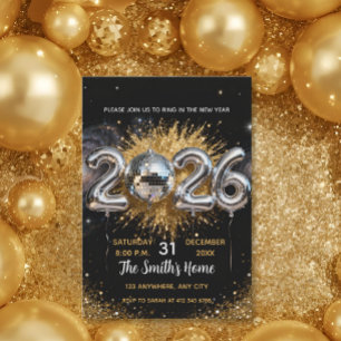 Chic 2026 Silvesterparty Gold Glitter Schwarz Einladung
