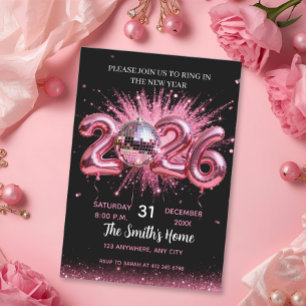 Chic 2026 Silvesterparty Pink Glitter Schwarz Einladung