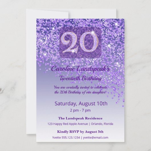Chic 20. Geburtstag Lila Glitter Einladung (Vorderseite)