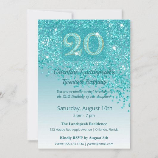 Chic 20. Geburtstag Teal Blau Glitter Einladung (Vorderseite)