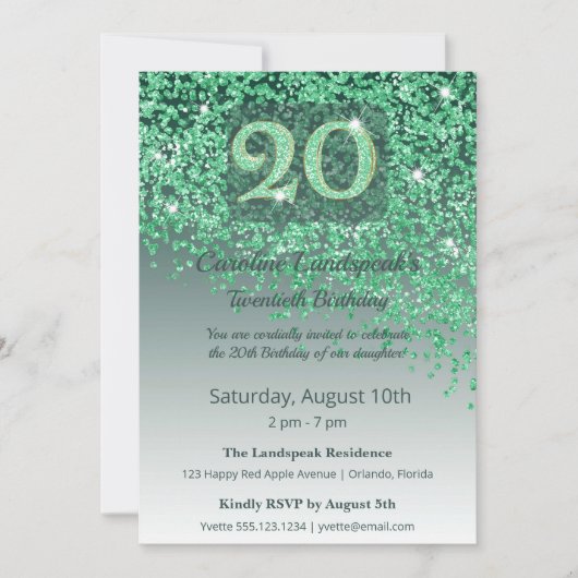 Chic 20th Birthday Green Glitter Einladung (Vorderseite)