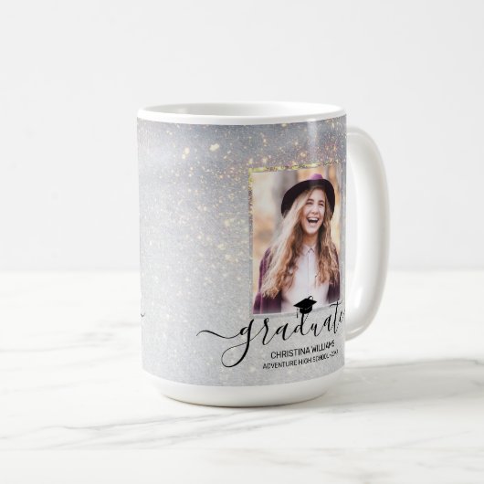 Chic 2 Foto Collage Script Gold Glitzern Graduate Kaffeetasse (VorderseiteRechts)