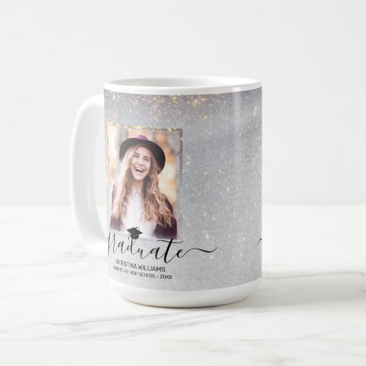 Chic 2 Foto Collage Script Gold Glitzern Graduate Kaffeetasse (Vorderseite Links)