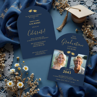 Chic 2-Photo Twins Graduation Fake Golden Blue Einladung