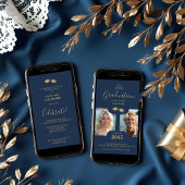 Chic 2-Photo Twins Graduation Fake Golden Blue Einladung