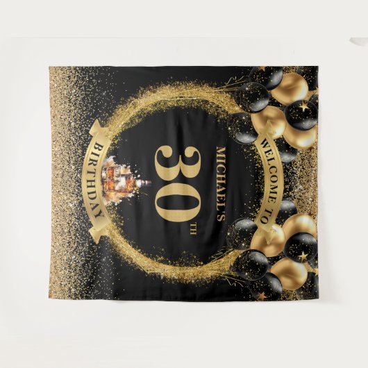 Chic 30. Man Birthday Whiskey Foto Party Banner Wandteppich (Vorderseite (Horizontal))