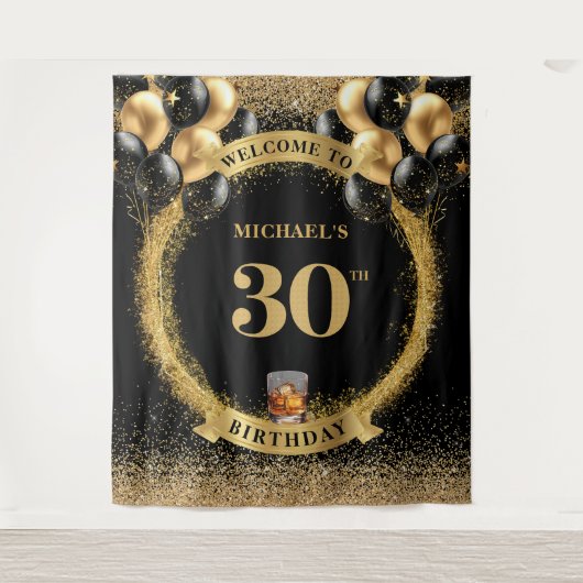 Chic 30. Man Birthday Whiskey Party Display Wandteppich (Vorderseite)