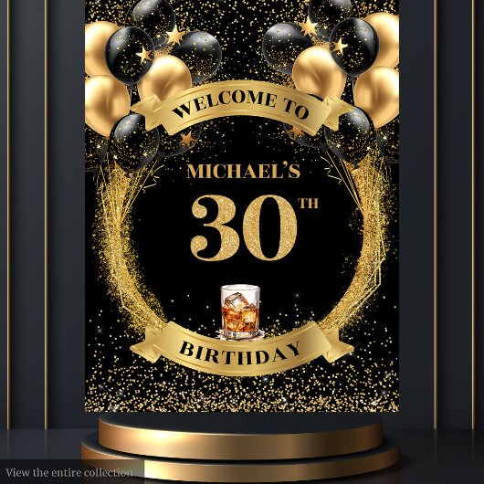 Chic 30. Man Birthday Whiskey Party Event Banner Wandteppich