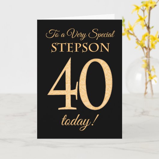 Chic 40. Gold-Effekt auf Black, Stepson Birthday Karte (Gelbe Blume)