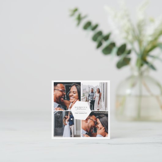 Chic 4 Foto Wedding Collage Fotograf QR Code Quadratische Visitenkarte (Stehend Vorderseite)