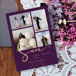 Chic 4 Multi Photos Collage Wedding Purple & Gold Save The Date