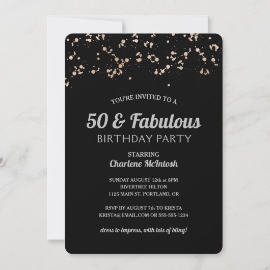 Chic 50 & Fabulous Black Gold Silver 50. Geburtsta Einladung (Vorderseite)