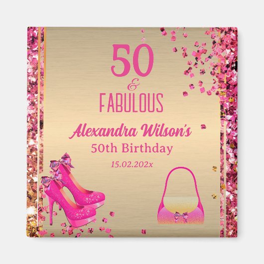 Chic 50 & Fabulous High Heels Gold Pink Glittery Magnet (Vorne)