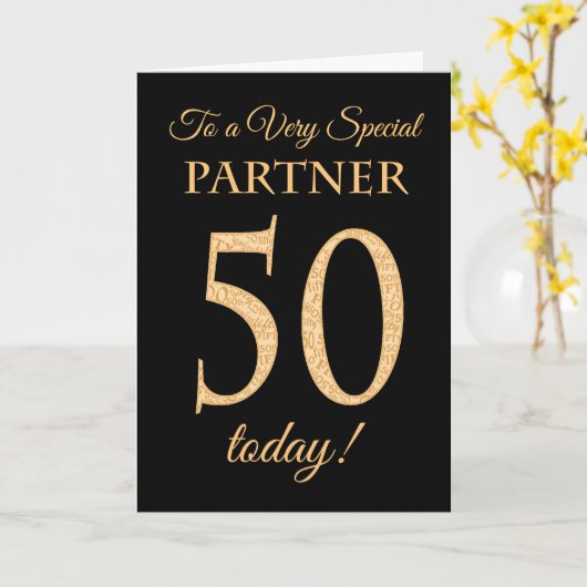 Chic 50. Gold-Effekt auf Black, Partner Birthday Karte (Gelbe Blume)