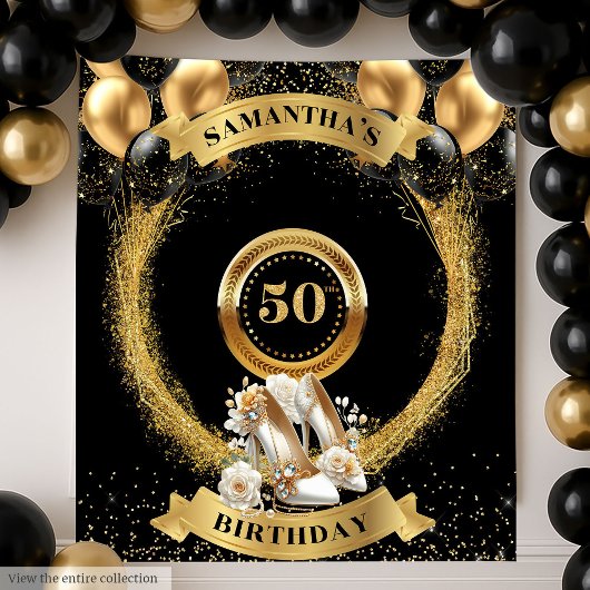 Chic 50th Birthday Banner Gold Glitzer Heels Wandteppich