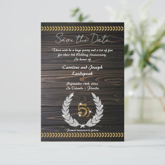 Chic 5. Jubiläum Holz & Gold Save the Date Einladung (Stehend Vorderseite)