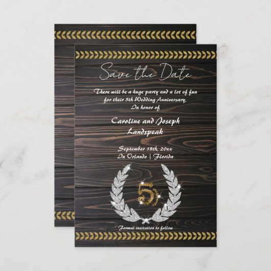 Chic 5. Jubiläum Holz & Gold Save the Date Einladung (Vorne/Hinten)
