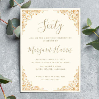 Chic 60. 60 Gold Frame Cream Geburtstag Einladung