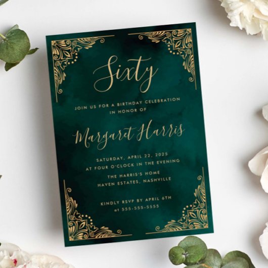 Chic 60. 60 Gold Frame Green Geburtstag Einladung