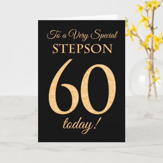 Chic 60. Gold-Effekt auf Black, Stepson Birthday Karte (Gelbe Blume)