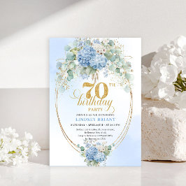 Chic 70th Birthday Blue Floral Eucalyptus Invites Einladung