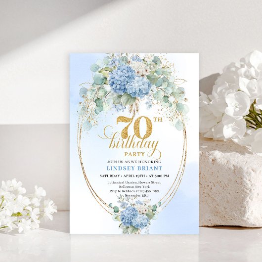 Chic 70th Birthday Blue Floral Eucalyptus Invites Einladung