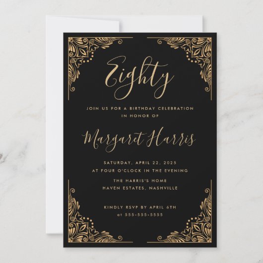 Chic 80. Achtzig Gold Frame Black Birthday Einladung (Vorderseite)