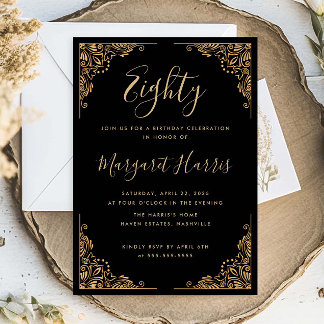 Chic 80. Achtzig Gold Frame Black Birthday Einladung
