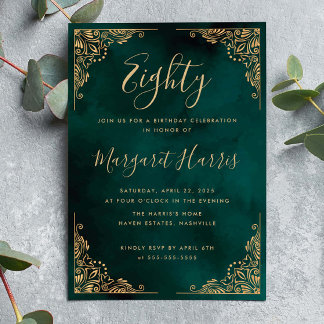 Chic 80. Achtzig Gold Frame Green Geburtstag Einladung