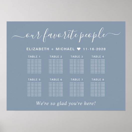 Chic 8 Table Dusty Blue Wedding Seating Chart Poster (Vorne)