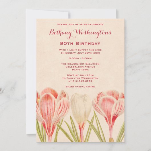 Chic 90. Birthday Spring Crocuses Einladung (Rückseite)