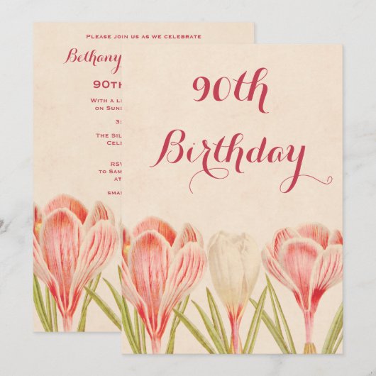 Chic 90. Birthday Spring Crocuses Einladung (Vorne/Hinten)