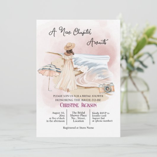 Chic 'A New Chapter Awaits' QR Code Bridal Shower Einladung (Stehend Vorderseite)