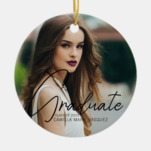 Chic Abschluss 2 Foto Script Overlay Weihnachten Keramik Ornament (Vorne)