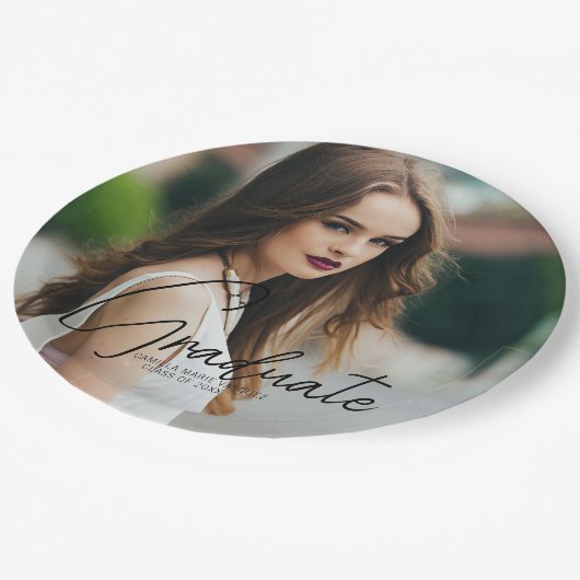 Chic Abschluss Foto Black Script Overlay Party Pappteller (Schrägansicht)