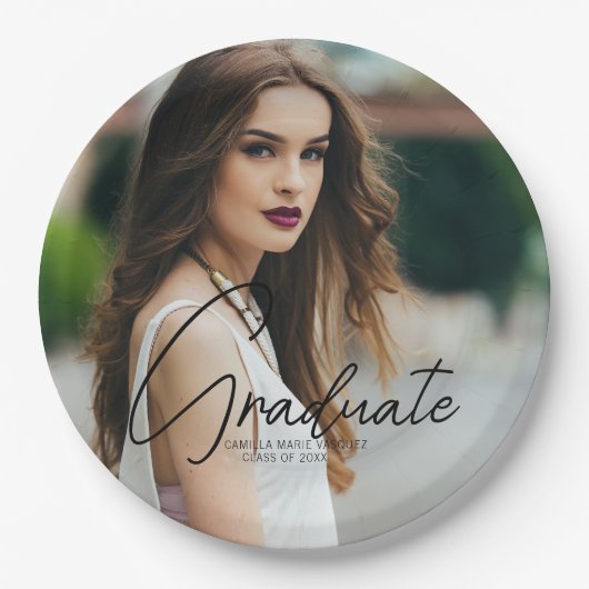 Chic Abschluss Foto Black Script Overlay Party Pappteller (Vorderseite)