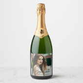 Chic Abschluss Foto Black Script Overlay Party Schaumweinetikett (Vorderseite)