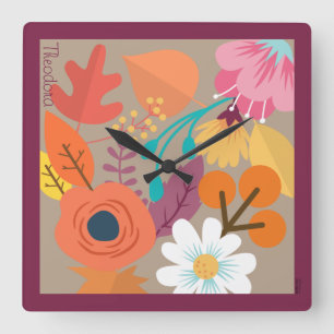 Chic Abstract Gold Leaf Colorful Flower Quadratische Wanduhr