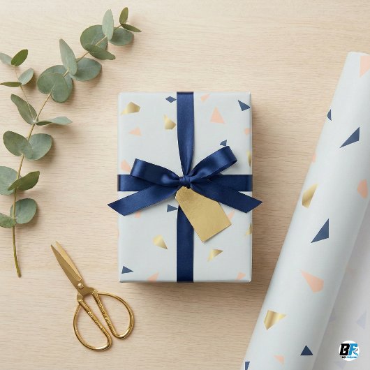 Chic Abstract Terrazzo Faux Gold Foil & Navy Blue  Geschenkpapier