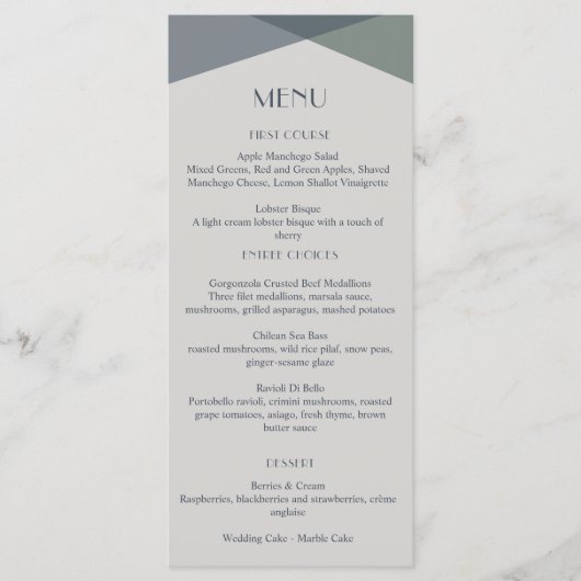 Chic Abstrakt Geometric Sage Navy Dusty Blue Menükarte (Vorderseite)