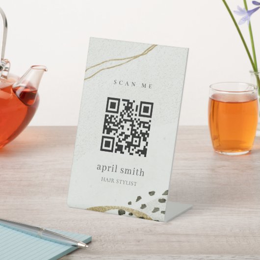 Chic Abstrakt Ivory Gold Black Gray Stone QR Code Sockelschild (In SItu)