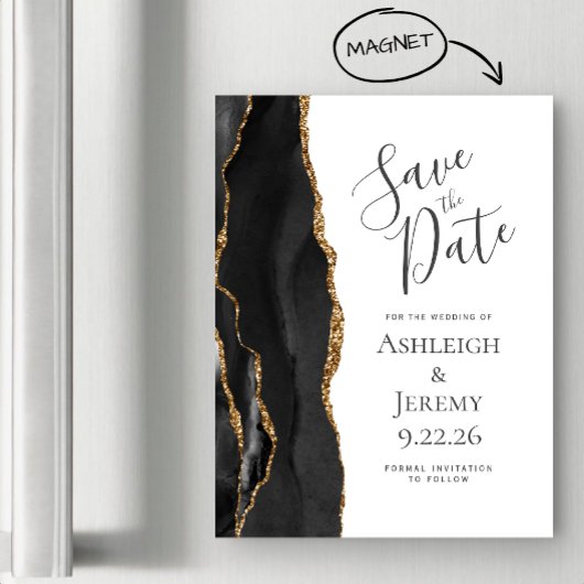 Chic Agate Black Gold Magnetic Save the Date Magnetkarte