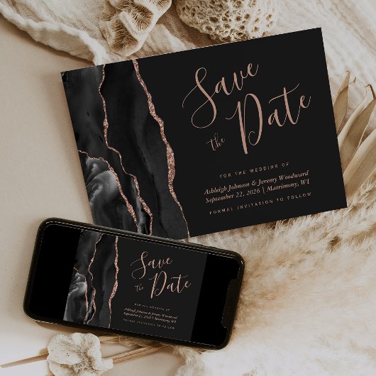 Chic Agate Black Rose Gold Dark Save the Date Card Einladung