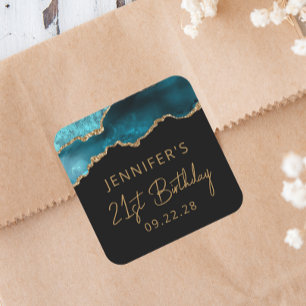 Chic Agate Geode Aquamarin Gold 21. Geburtstag Par Quadratischer Aufkleber