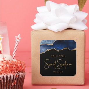 Chic Agate Geode Blue Gold Sweet 16 Geburtstagspar Quadratischer Aufkleber