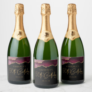 Chic Agate Geode Burgundy Gold 50. Geburtstagspart Schaumweinetikett